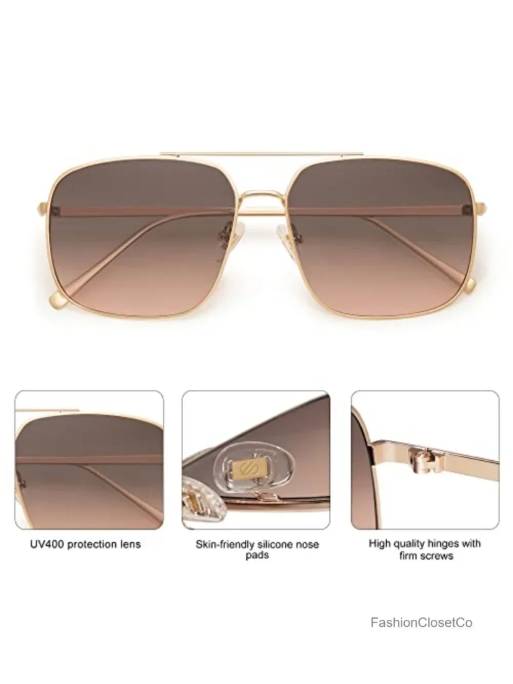 Square Aviator Sunglasses for Women Men, Metal Frame, UV400 Protection
